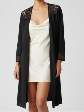 Calvin Klein Sleepwear Black Satin Open Robe with Lace and Diamond Mesh Trim